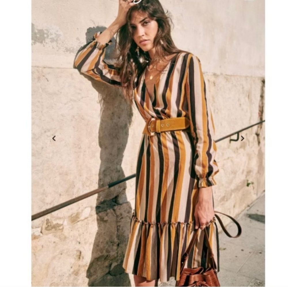 SEZANE Titiane Midi Dress, Hazel Tan & Gold Stripes, FR36/US4 - Picture 1 of 8